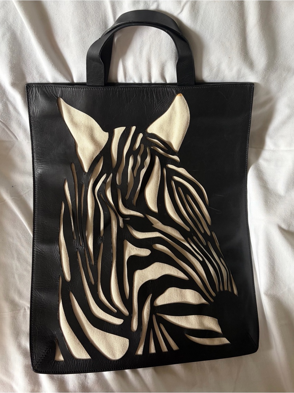 Vintage Club Monaco Black and Cream Leather Zebra Cutout Tote